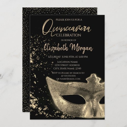 Gold MasqueConfetti  Quinceaera  Invitation