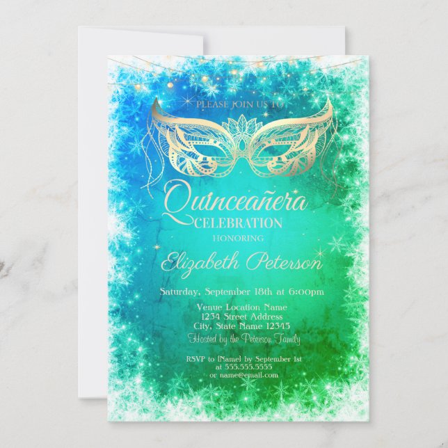 Gold Masque Snowflakes Green Quinceanera Invitation (Front)