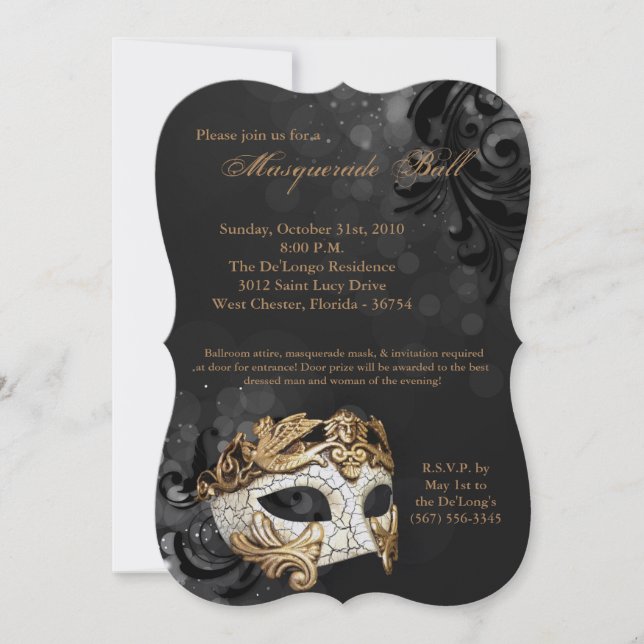 Gold Masquerade Ball Mask Costume Halloween Part Invitation (Front)