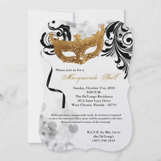 Gold Masquerade Ball Mask Costume Halloween Part Invitation (Front)