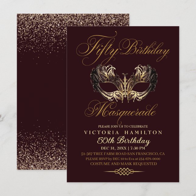 Gold Masquerade Birthday Burgundy Mask Invitation (Front/Back)