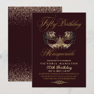 Gold Masquerade Birthday Burgundy Mask Invitation