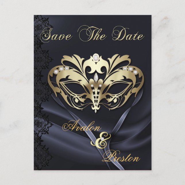 Gold Masquerade Black Jewel Save The Date Postcard (Front)