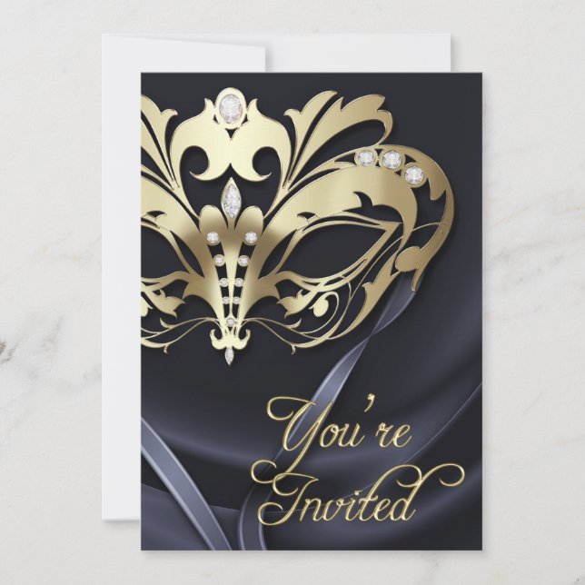 Gold Masquerade Black Jeweled Party Invitation (Front)