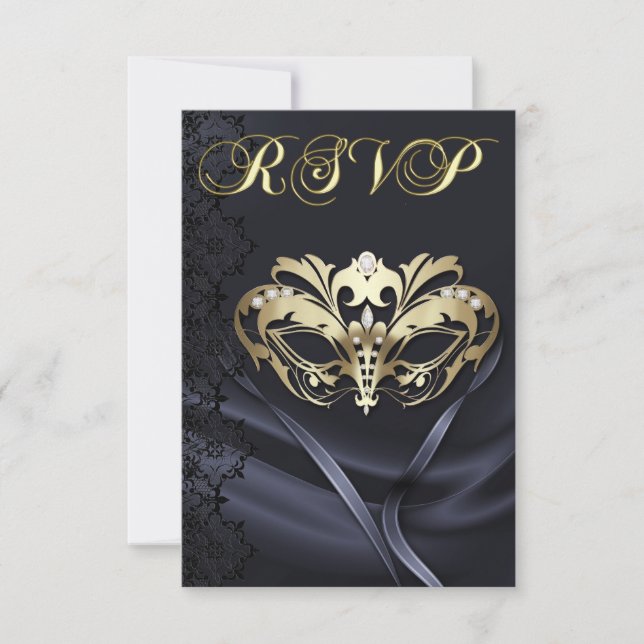 Gold Masquerade Black Jeweled RSVP Invitation (Front)