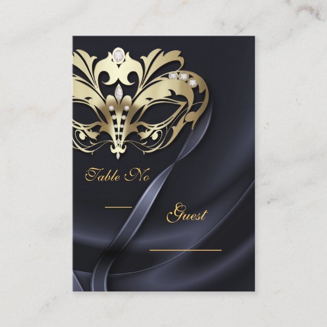 Gold Masquerade Black Jeweled Table PlaceCard (Front)