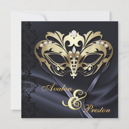 Gold Masquerade Black Jeweled Wedding Invitation