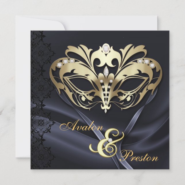 Gold Masquerade Black Jeweled Wedding Invitation (Front)