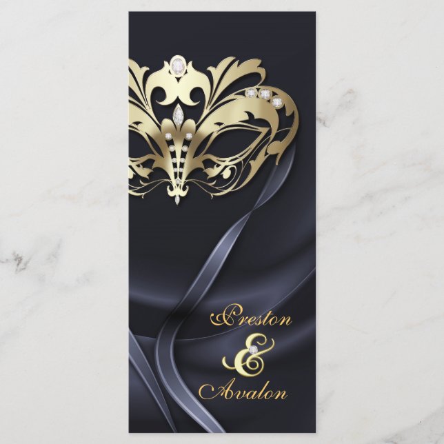 Gold Masquerade Black Jeweled Wedding Program (Front)