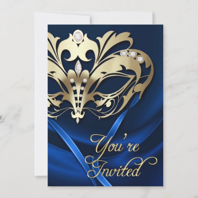 Gold Masquerade Blue Jeweled Party Invitation (Front)