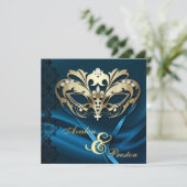 Gold Masquerade Blue Jeweled Wedding Invitation (Standing Front)