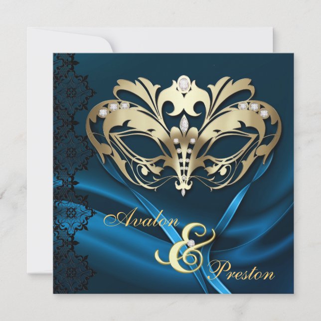 Gold Masquerade Blue Jeweled Wedding Invitation (Front)