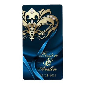 Gold Masquerade Blue Jeweled Wedding Wine Label by theedgeweddings at Zazzle