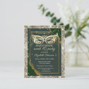 Gold Masquerade Glitter Green Sweet 16  Invitation