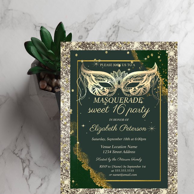 Gold Masquerade Glitter Green Sweet 16  Invitation (Creator Uploaded)