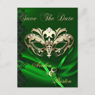 Gold Masquerade Green Jewel Save The Date Postcard
