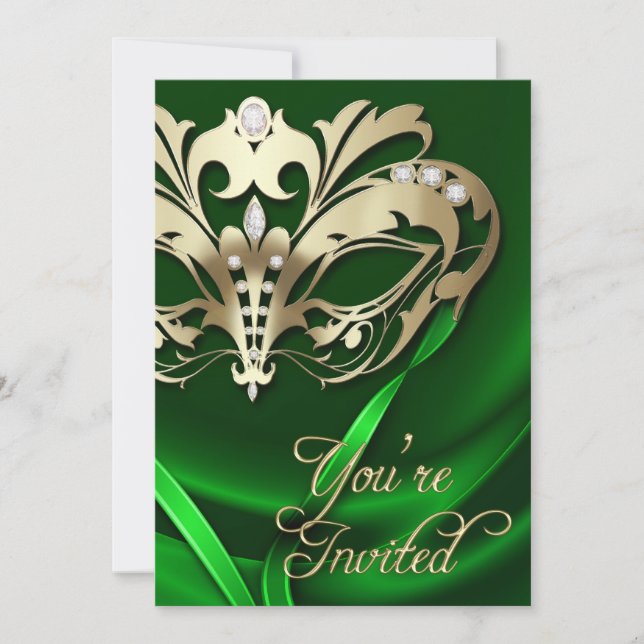 Gold Masquerade Green Jeweled Party Invitation (Front)