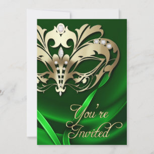 Gold Masquerade Green Jeweled Party Invitation