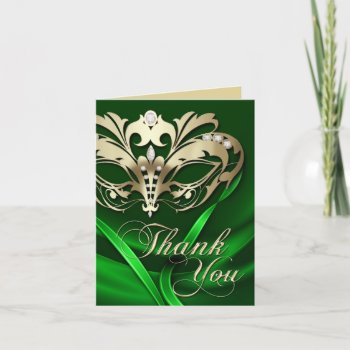 Gold Masquerade Green Thank You Card by theedgeweddings at Zazzle