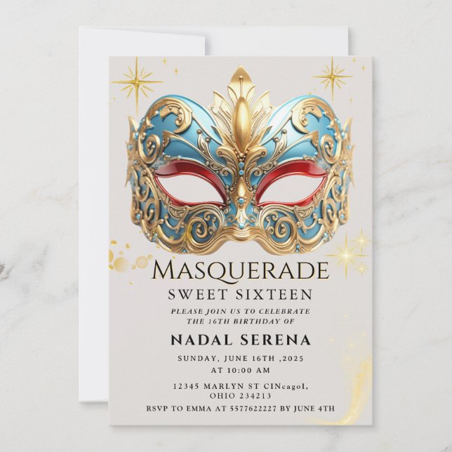 gold masquerade invitation (Front)