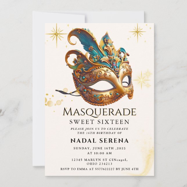 gold masquerade invitation (Front)
