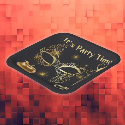Gold Masquerade Its Party Time  Paper Plates