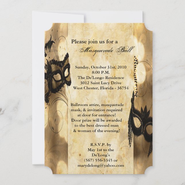 Gold Masquerade Mask Ball Costume Halloween Invitation (Front)