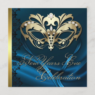 Gold Masquerade Mask Blue New Years Invitation