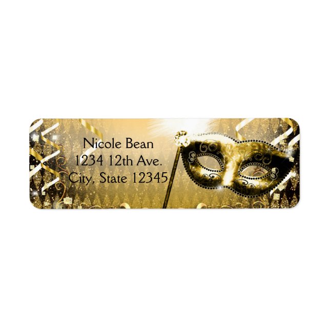 Gold Masquerade Mask Elegant Ball Birthday Party Label (Front)