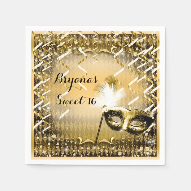 Gold Masquerade Mask Elegant Ball Birthday Party Napkins (Front)