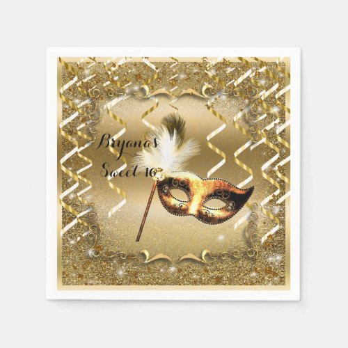 Gold Masquerade Mask Elegant Ball Birthday Party Paper Napkins