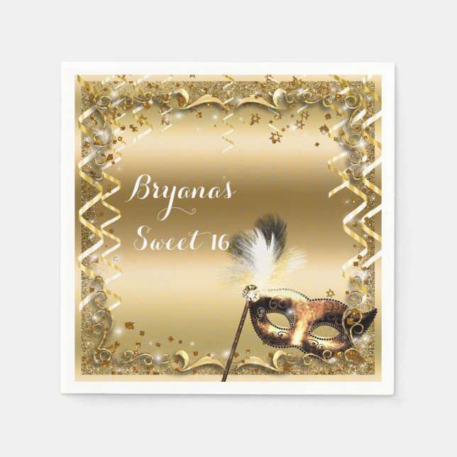Gold Masquerade Mask Elegant Ball Birthday Party Paper Napkins (Front)