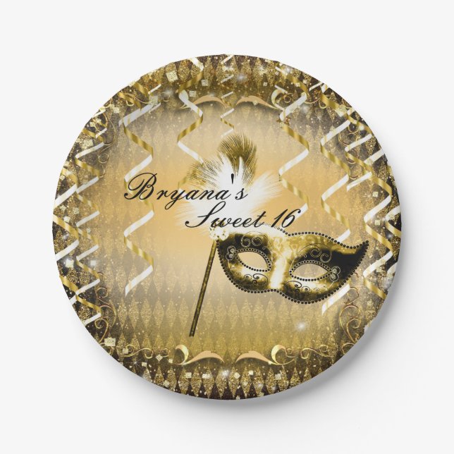Gold Masquerade Mask Elegant Ball Birthday Party Paper Plates (Front)