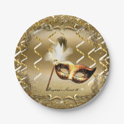 Gold Masquerade Mask Elegant Ball Birthday Party Paper Plates