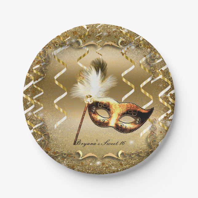Gold Masquerade Mask Elegant Ball Birthday Party Paper Plates (Front)