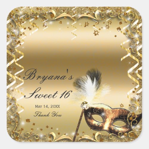 Gold Masquerade Mask Elegant Ball Birthday Party Square Sticker