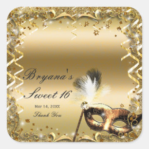 Gold Masquerade Mask Elegant Ball Birthday Party Square Sticker