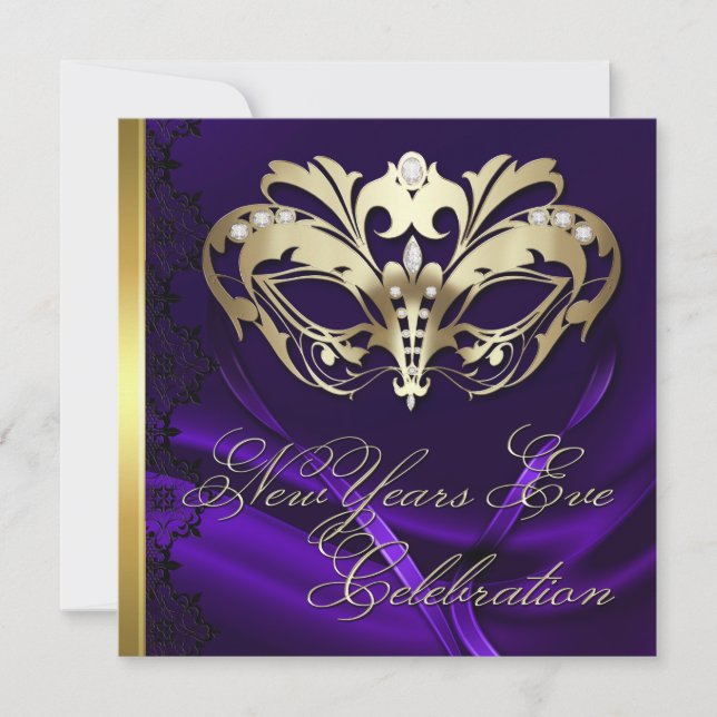 Gold Masquerade Mask Purple New Years Invitation (Front)