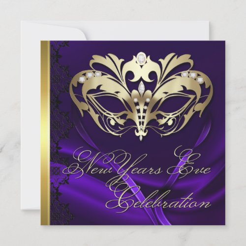 Gold Masquerade Mask Purple New Years Invitation
