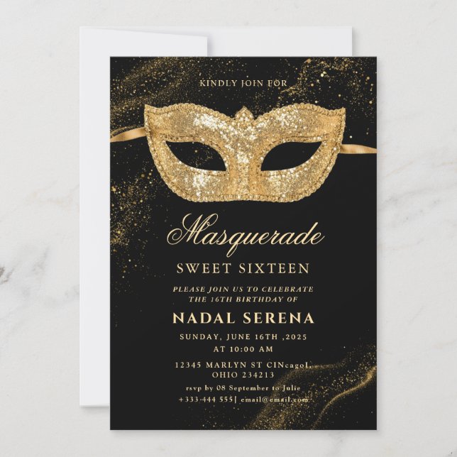 gold masquerade mask Sweet 16 Invitation (Front)