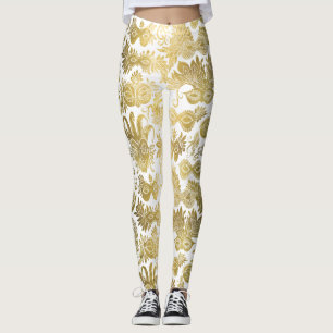 Gold Masquerade Masks on White Pattern Leggings