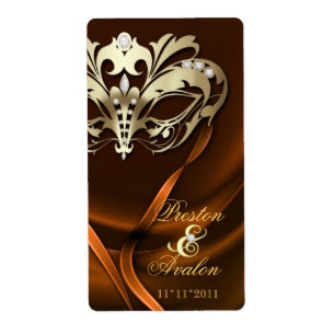 Gold Masquerade Orange Jeweled Wedding Wine Label