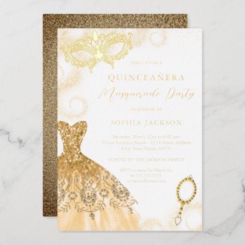 Gold Masquerade Party Dress Quinceanera Foil Invit Foil Invitation