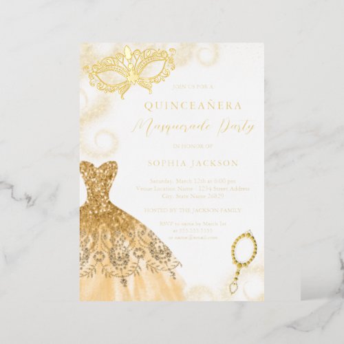 Gold Masquerade Party Dress Quinceanera Foil Invitation