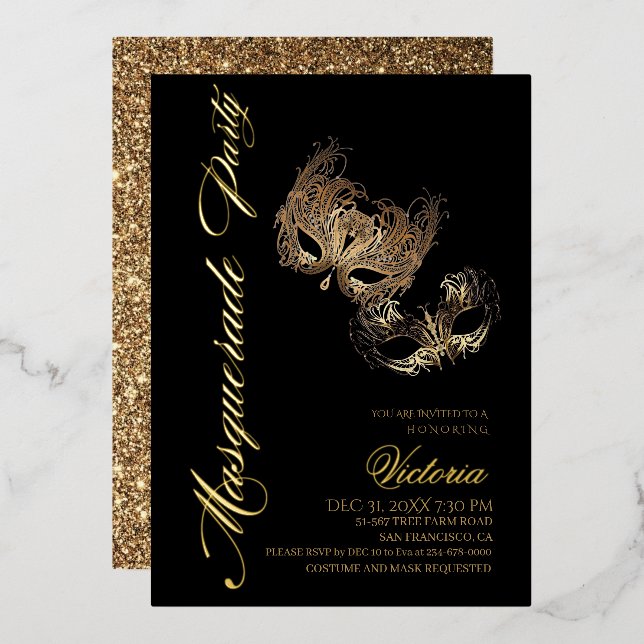 Gold Masquerade Party  Foil Invitation (Front/Back)