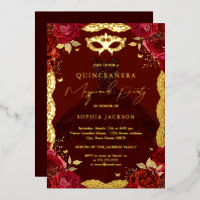 Gold Masquerade Party Red Rose Dress Quinceanera
