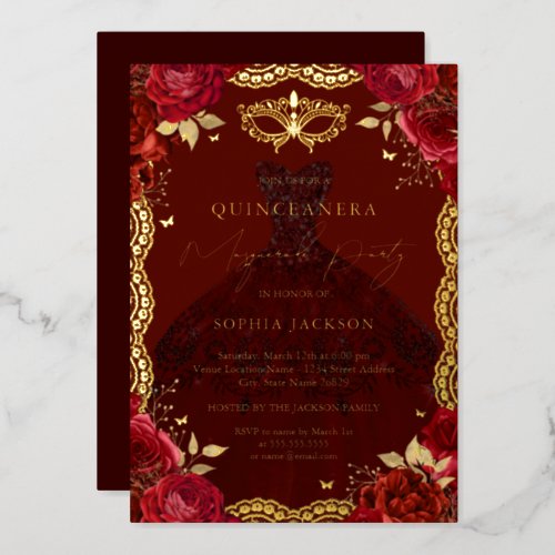 Gold Masquerade Party Red Rose Dress Quinceanera Foil Invitation