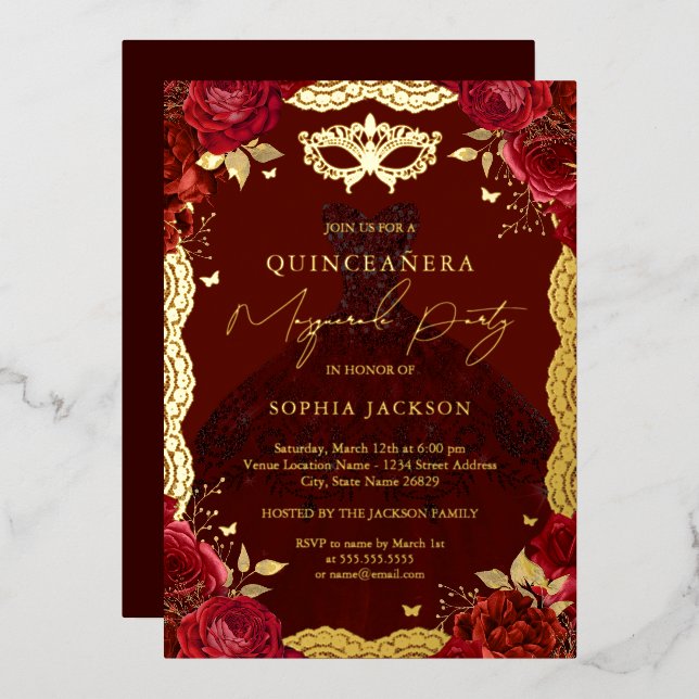 Gold Masquerade Party Red Rose Dress Quinceanera Foil Invitation (Front/Back)