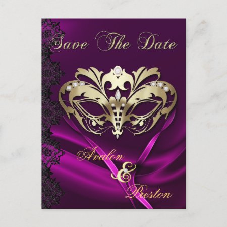 Gold Masquerade Pink Jewel Save The Date Postcard