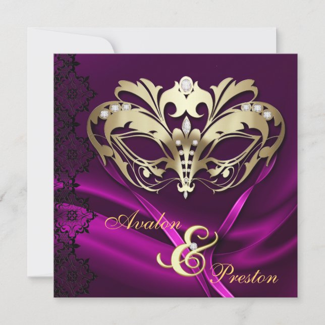Gold Masquerade Pink Jeweled Wedding Invitation (Front)
